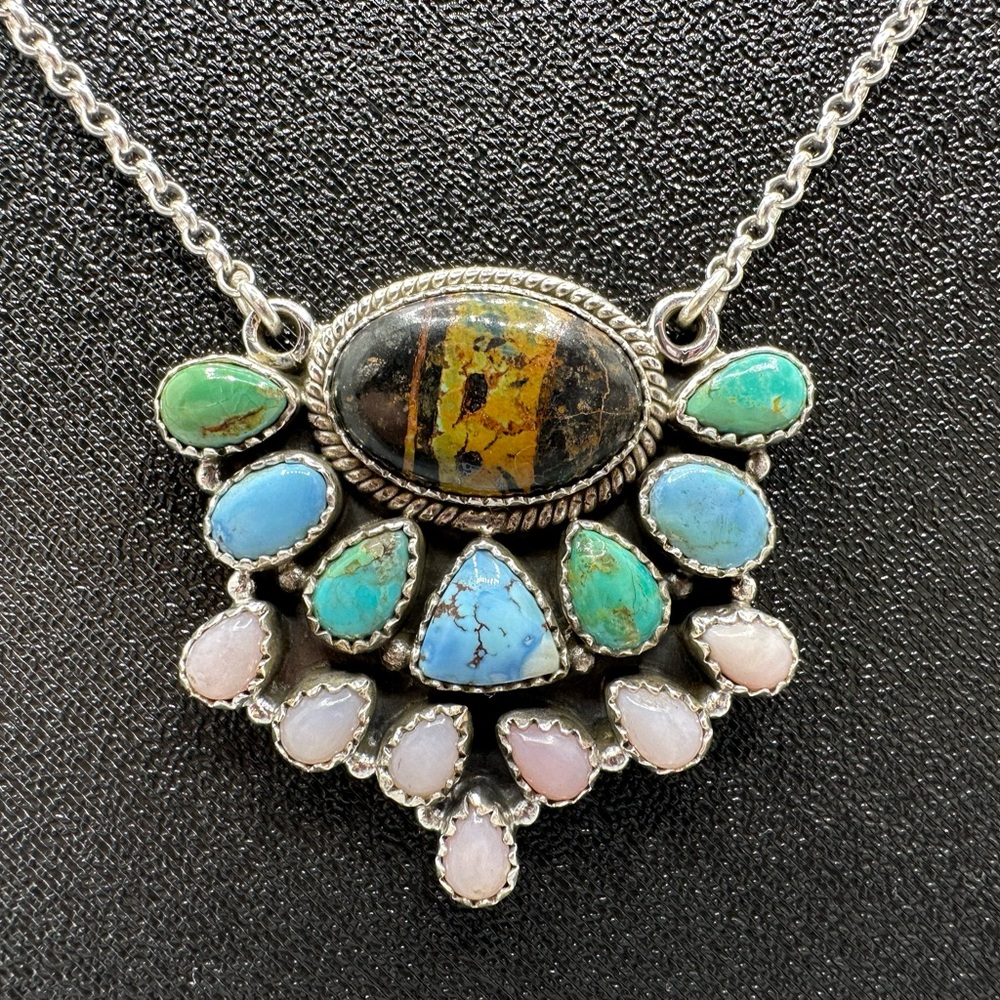 Blackjack Turquoise Pink Opal Sterling Silver 925 Necklace Handmade Black Jack